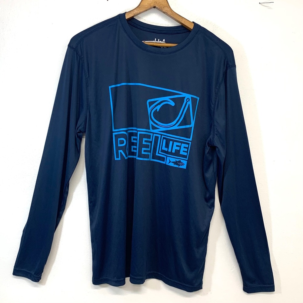 Reel Life Mens Fishing Performance Long Sleeve Shirt‎ Navy Blue Large Graphic